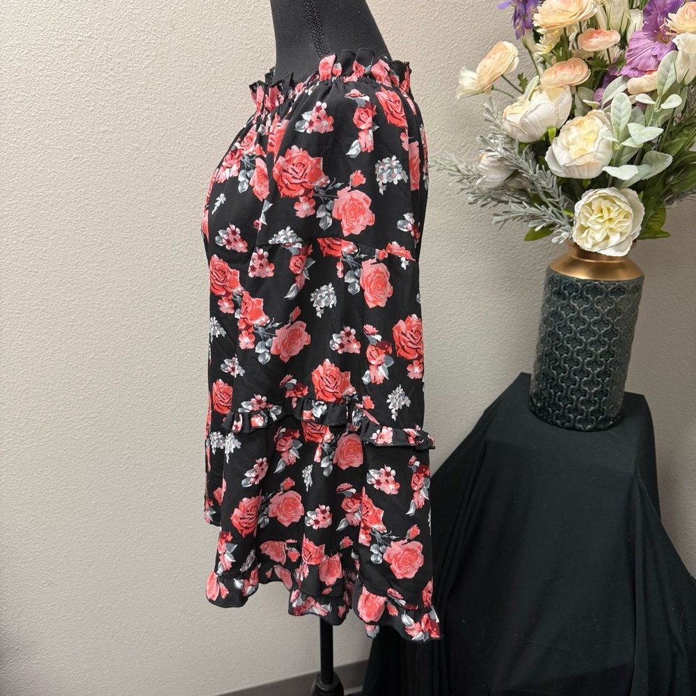 Panhandle Floral Off-Shoulder Black Ruffle Long Sleeve Boho Western Top M - Picture 2 of 8